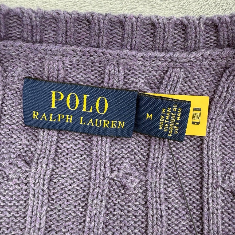 Polo Ralph Lauren Sweater Women's M Cable Knit V Neck Pullover Pony Purple - Picture 4 of 11